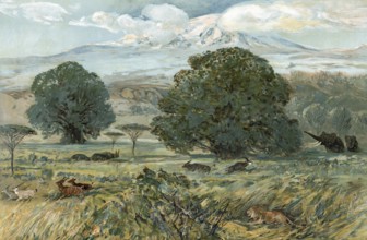 Landscape at the foot of Mount Kilimanjaro, Tanzania, authentic reproduction of a school mural,