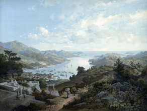 City and port of Nagasaki, Japan, authentic reproduction of a school mural, historic, around 1900