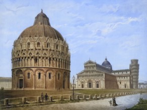 The Baptistery and Cathedral at Miracles Square in Pisa, Tuscany, Italy, authentic reproduction of