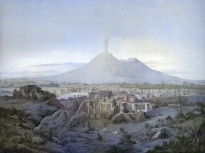 The ruins of Pompeii and Mount Vesuvius in the background, Campania, Italy, authentic reproduction