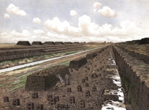 Peat cutter, peat mining near Drenthe, Holland, Netherlands, authentic reproduction of a school