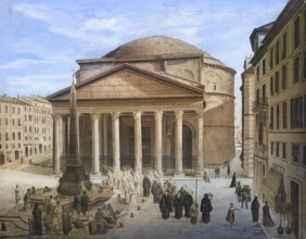 Pantheon, an ancient building in Rome, Italy, authentic reproduction of a school mural, historic,