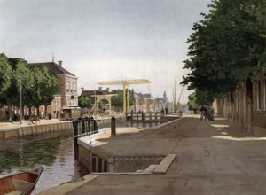 Canal, canal in Amsterdam, the Netherlands, Holland, authentic reproduction of a school mural,