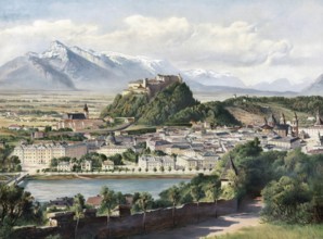 View of Salzburg Castle and City on the Salzach, Austria, authentic reproduction of a school mural,