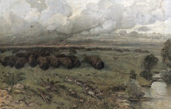 Prairie fire in Montana, buffalo herd fleeing the fire, America, authentic reproduction of a school