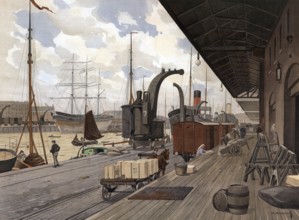 Scene in the port of Rotterdam, Holland, Netherlands, authentic reproduction of a school mural,