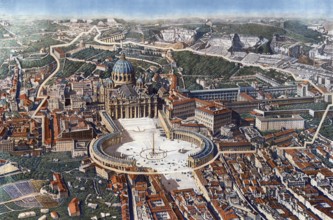 Panorama of Rome and St. Peter's Square, around 1930, Vatican, Italy, authentic reproduction of a
