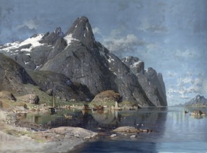 Reine, village in Lofoten, Norway, authentic reproduction of a school mural, historic, around 1900