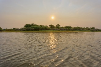 Sunrise over a river, calm reflections in the water, peaceful and natural atmosphere, Rio Negro,