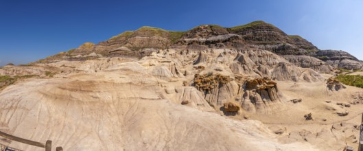Breathtaking panorama of the drumheller badlands showcasing unique hoodoo formations under a