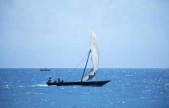 Traditional dhow off Zanzibar Town, Zanzibar, Tanzania, Africa, June 2000, vintage, retro, old,