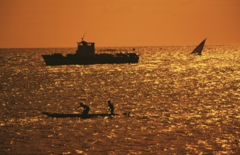 Boats off Zanzibar Town, Orangefilter, Zanzibar, Tanzania, Africa, June 2000, vintage, retro, old,