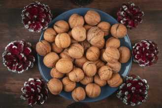 Blue plate full of walnuts surrounded by decorative cones