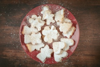 Christmas cookies with powdered sugar on red plate