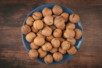Blue plate with walnuts in the center of a wooden table