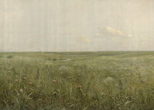 Steppe landscape in Kazakhstan, authentic reproduction of a school mural, historical, around 1900