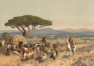 Shepherds with flock in the steppe near Windhoek, German colony, Namibia, authentic reproduction of