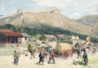 German colony, village scene and Great Wall of China at Nankou Pass, China, authentic reproduction