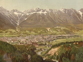 Panorama of Innsbruck, Tyrol, Austria, authentic reproduction of a school mural, historical, around