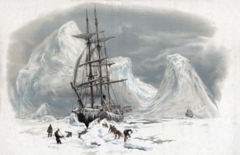 In the Arctic, ship is trapped in ice and the sailors try to break a fairway, authentic