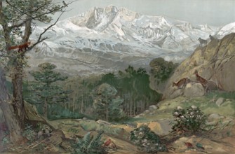 Landscape in the Himalayas, Nepal, authentic reproduction of a school mural, historical, around