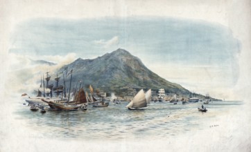 The port of Hong Kong, China, authentic reproduction of a school mural, historic, around 1900