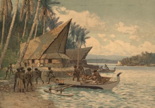 Houses and fishing boats on the beach, scene on the Caroline Islands, German colony, Pacific Ocean,