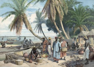 Weekly market on the lagoon in Togo, German colony, authentic reproduction of a school mural,