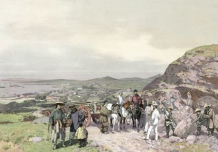 German colony, Tsingtau, city and port, China, authentic reproduction of a school mural,