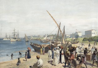 German colony, harbor scene in Dar Es Salam, Tanzania, authentic reproduction of a school mural,