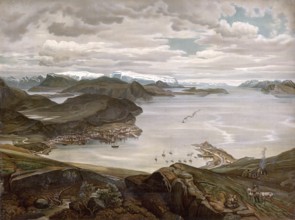 View of the town of Hammerfest in Norway, authentic reproduction of a school mural, historic,