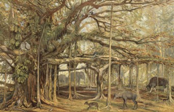 Deccan or Dekhan, landscape in South India, authentic reproduction of a school mural, historical,