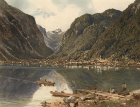 Hallstatt Lake in the Salzkammergut in Austria, authentic reproduction of a school mural, historic,