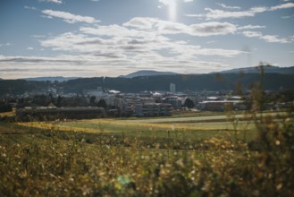 Urban landscape in a valley with vast fields and mountains in bright skies, Ternitz, Lower Austria,