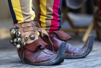 Pointed shoes, musical bells on the leg, medieval clothing, medieval market, city of Esslingen,
