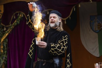 Alchemist, fire, medieval clothing, medieval market, city of Esslingen, district of Esslingen,