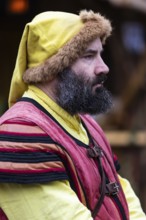Musician, man, portrait, medieval clothing, medieval market, city of Esslingen, district of