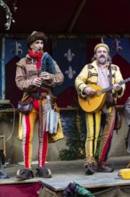 Bagpipers and mandloine players, musician, medieval clothing, medieval market, city of Esslingen,