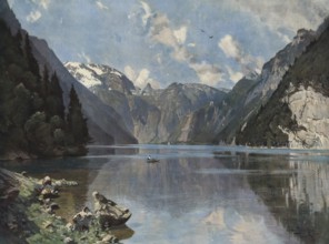 Fjord in mountain landscape in Norway, authentic reproduction of a school mural, historic, around