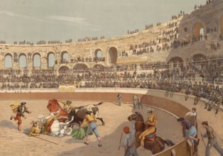 Bullfighting in Spain, authentic reproduction of a school mural, historical, around 1900