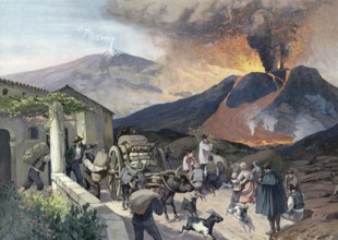 Eruption of Etna, Etna, in Sicily, people flee or pray, Italy, authentic reproduction of a school