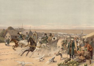 Market scene with carriage, three-wheeled troika, in a village in the steppe of southern Russia,