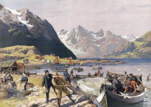 Herring fishermen on the coast of Norway, authentic reproduction of a school mural, historical,
