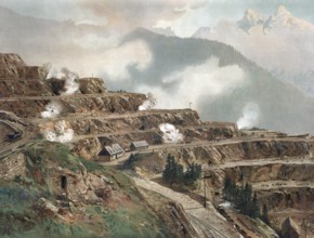 Quarry, ore mine, authentic reproduction of a school mural, historical, around 1900