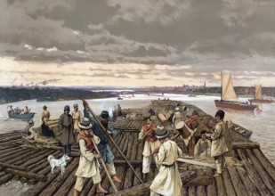 Wood rafting on the Vistula near Thorn, today Poland, authentic reproduction of a school mural,