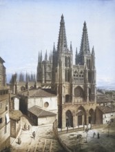 Burgos Cathedral in Spain, authentic reproduction of a school mural, historic, around 1900