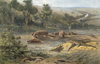 River landscape with animals in central Africa, authentic reproduction of a school mural,