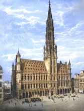 Brussels City Hall, Belgium, authentic reproduction of a school mural, historic, around 1900