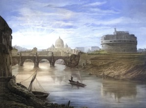 Castel Sant' Angelo, Rome, authentic reproduction of a school mural, historical, around 1900