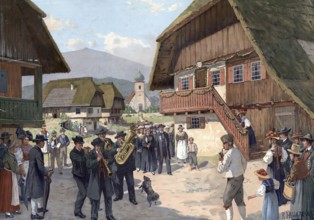 Wedding parade in the Black Forest, Germany, authentic reproduction of a school mural, historical,